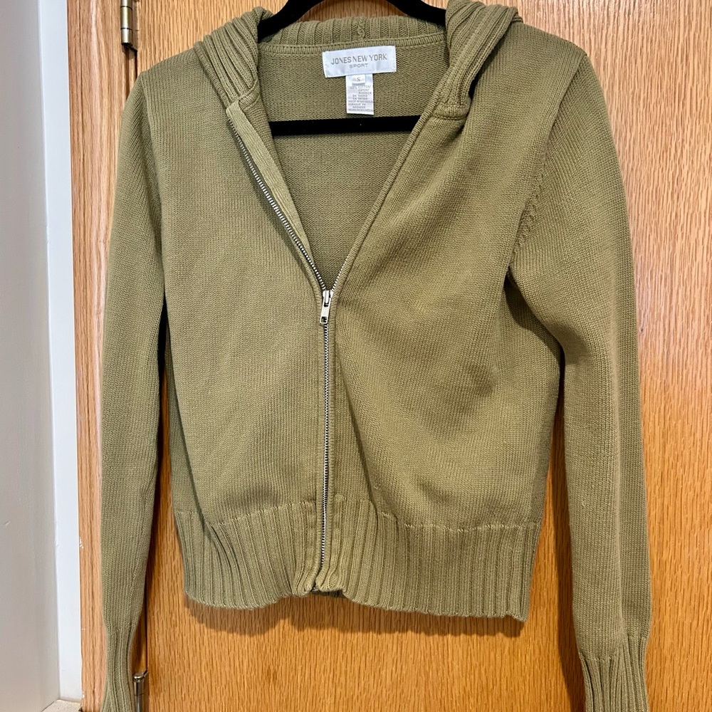 Jones New York Olive Green Zip-Up Hooded Cardigan